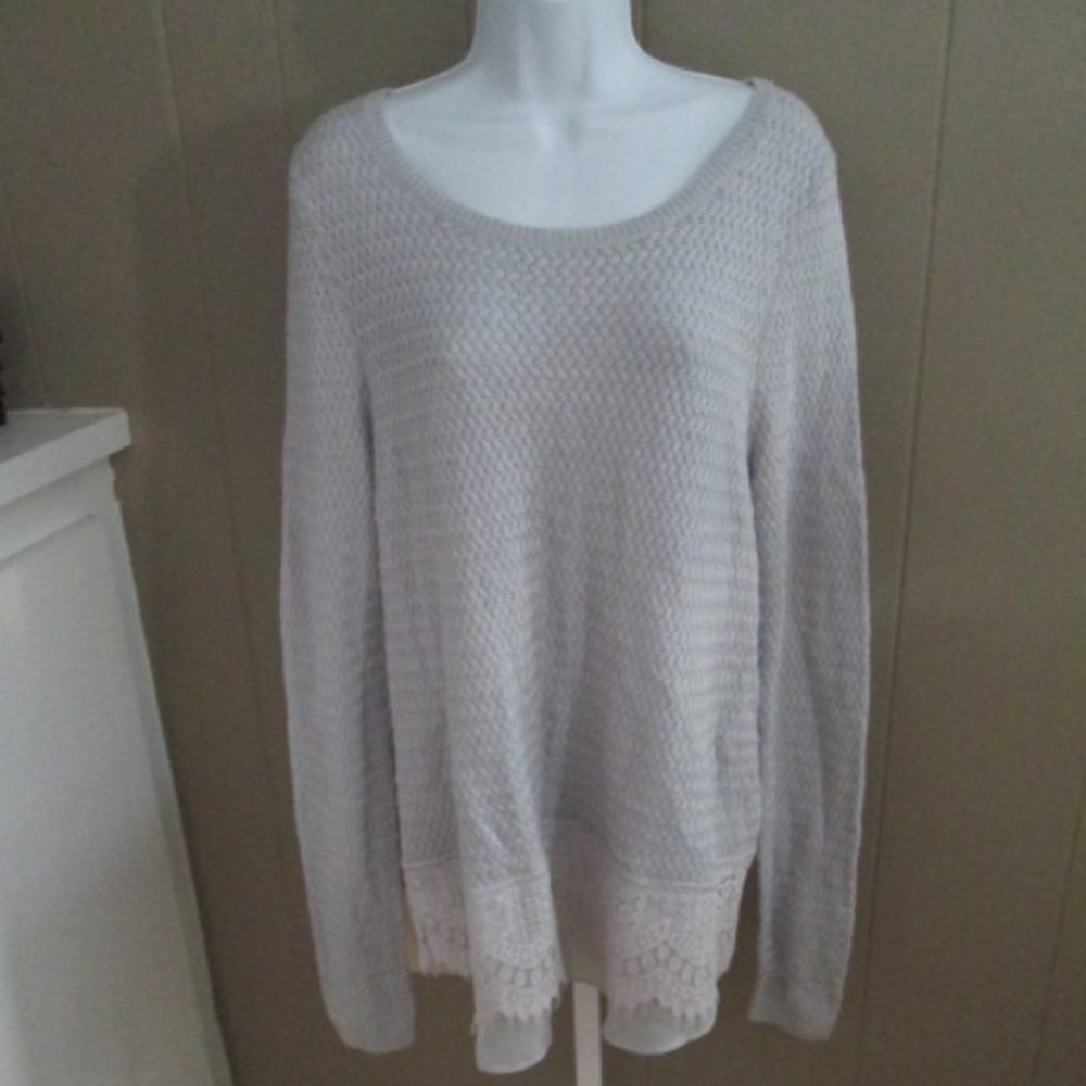LUCKY BRAND Cotton Rich Light Gray Fancy Knit with Lace P/O Sweater size XL
